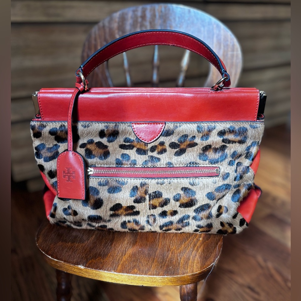 Tory Burch Priscilla Frame Leopard Print Top-Handle Satchel with Red/Orange Trim - Picture 4 of 9